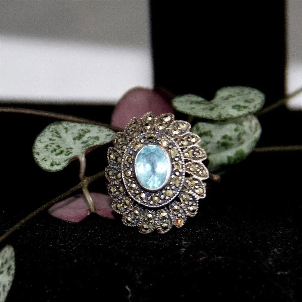 Vintage Sterling Silver Blue Topaz Marcasite Art Deco Style Sunburst Ring Size 9